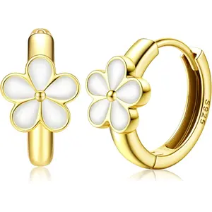 Milacolato 925 Sterling Silver Small Hoop Earrings for Sensitive Ears, Toddler Gold Plated, Daisy Flower Design, Hypoallergenic
