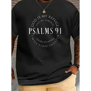 [100% Cotton] [ Psalms 91 Tee] Plus Size Crew Neck T-Shirt - Psalms 91 "God Is My Refuge" Print, Casual Sports Style,Regular Fit, 180Gsm - Black T-Shirt For Men And Women