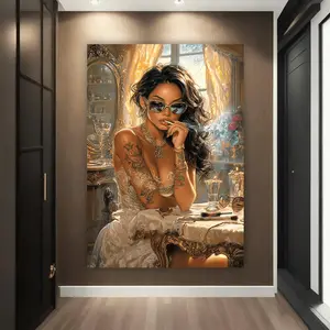 1pc Frameless Canvas Art Print 79.98x119.99 cm - Elegant Tattooed Woman with Glasses, Vintage-Inspired Wall Decor for Bedroom, Living Room, Bar, Cafe, Perfect Gift Idea, Cafe Decoration | Retro Aesthetic | Frameless Canvas