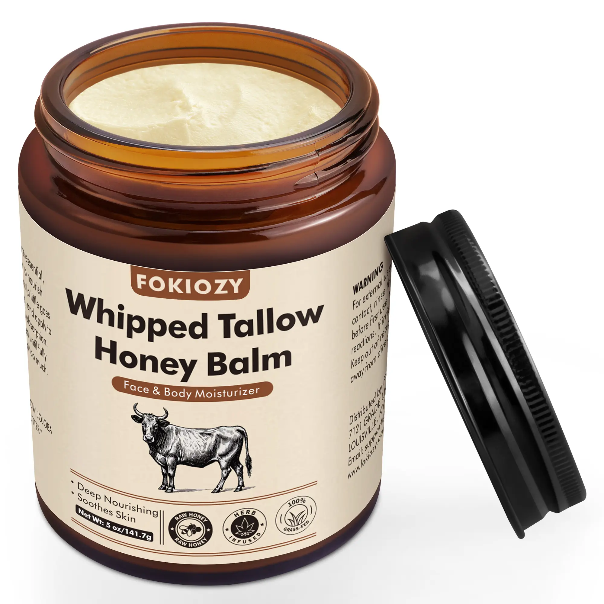 Fokiozy Grass-Fed Beef Tallow Cream with Raw Honey - 5oz Jumbo Size, Multi-Purpose Moisturizer for Face, Body, Hands & Lips, 100% Natural Dry Skin Solution, for Men & Women