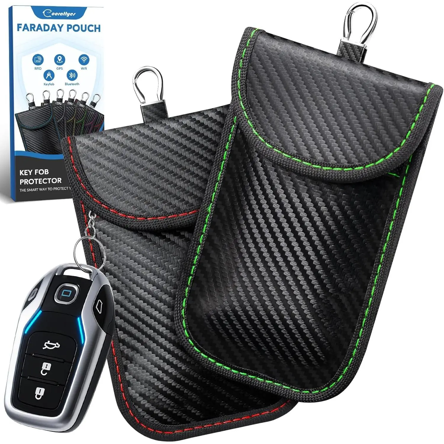 Faraday Bag Key Protector, 2 Pack Signal Blocking RFID Key Fob Protector Pouch, Anti-Theft Car Security Cage (Red+Green, Small)