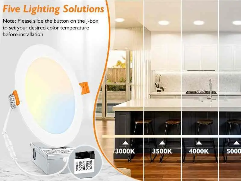 6 Packs 6 Inch 5CCT LED Recessed Ceiling Lights Ultra-Thin with Junction Box, 12W 150W Eqv, 3000K/3500K/4000K/5000K/6500K, 1200LM Dimmable Canless Downlights for Kitchen Hallway Dining Room
