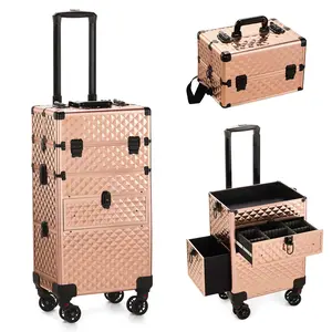 Rolling Makeup Case,2 in 1 Aluminum Cosmetic Organizer Train Case on Wheels,Makeup Travel Trolley Organizer,Salon Storage Traveling Cart for Nail Beauty Salon Barber (Champagne Gold)