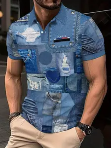 Men's Mesh Polyester Fiber T-Shirt, Fashion Letter Print, Casual Paris Denim Texture, Breathable Short Sleeve, Quick Dry Sports Top