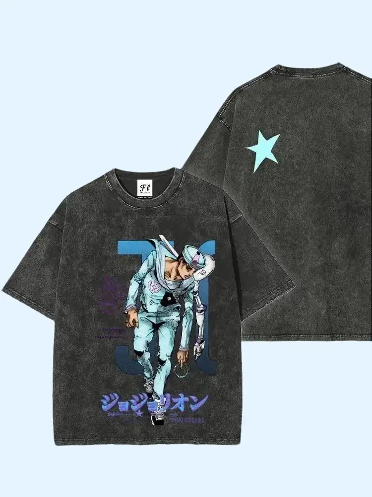 Unisex Retro Vintage Snowflake Print Anime T-shirt - 100% Cotton Shortsleeve Round Neck Fabric Top, Jojo's Bizarre Adventure Character Design, Casual Daily Summer Wear, Cold Wash, Shade Dry, No Bleach, Avoid Rough Textured Items