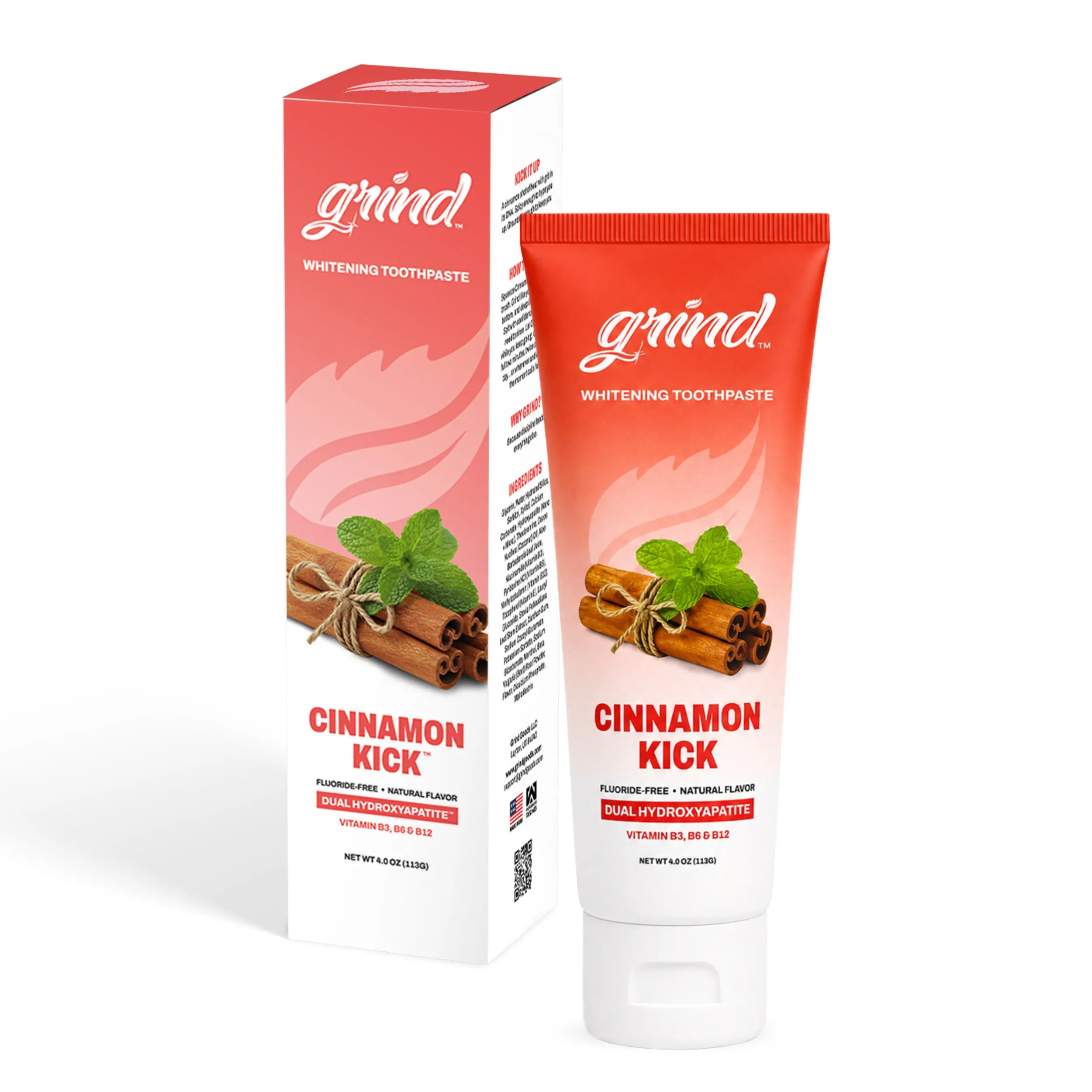 Fluoride-Free Cinnamon Grind Toothpaste, 4oz Daily Oral Care with Dual Micro-Nano Hydroxyapatite Whitening, Warm Cinnamon Flavor, Gentle for Sensitive Teeth, Cosmetic Vitamins-Infused