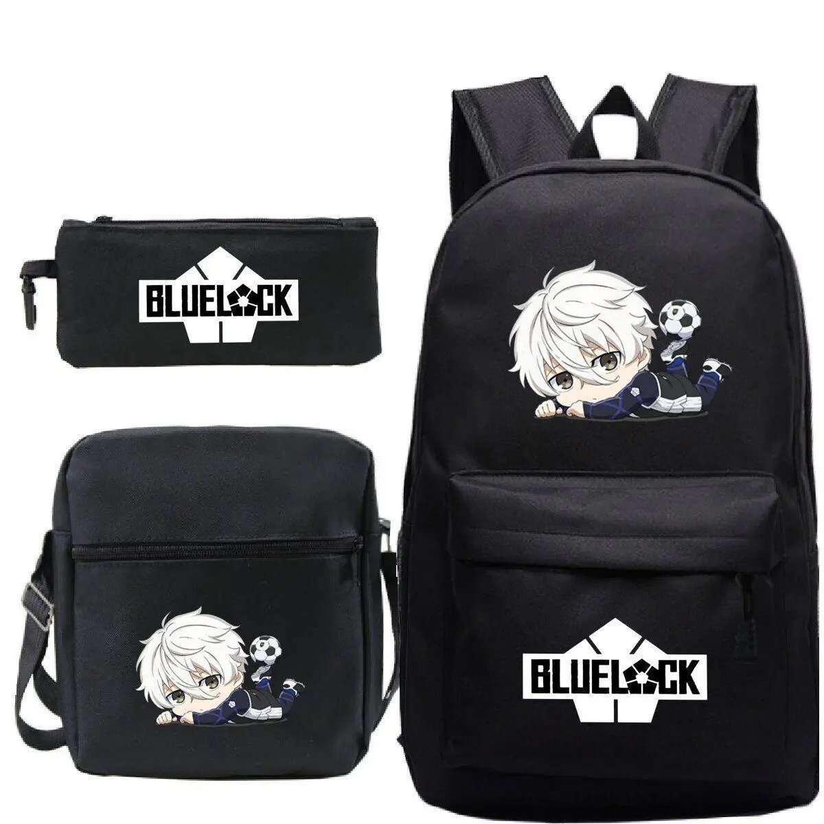 Blue Lock Anime Nagi Seishiro Q Version Print 3 Pieces Backpack Set Student Backpack Crossbody Bag Pencil Case Combo Back to School Kit
