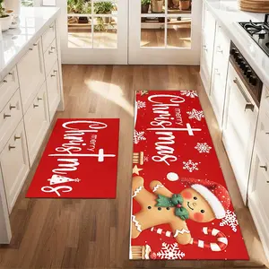 2 Pcs Kitchen Rug Christmas Gingerbread Man Printed Rug Set Farm Kitchen Carpet Dining Room Floor Laundry Room Decorative Carpet Pad
