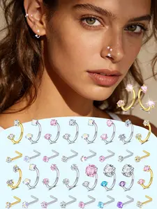 Cute Stainless Steel L-Shaped Nose Studs Set, Nose Piercings Kit, Round Heart Star Zircon Hoop Earrings, Dual Zircon Piercing Jewelry for Women Girls, Body Piercings Set