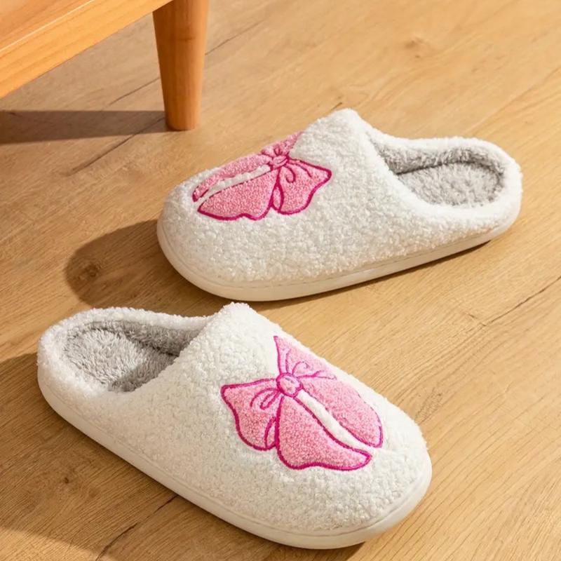 Women's Bowknot Slippers - Winter Warm Fuzzy Slip-On House Shoes with Cute Bow and Cartoon Pattern - Footwear, Walking Shoes