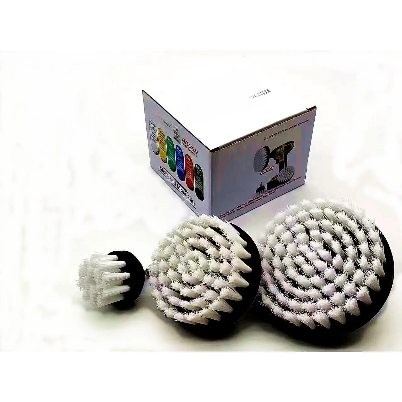 Quick Change Shaft 3 Pack Soft White Drill Brush Carpet, Upholstery, and Leather Scrub Brushes