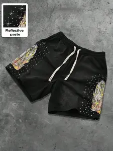 Men's Streetwear Shorts with Rhinestones, Daily Flame Pattern Print, Loose-Fitting, Sweet Style, Spring & Fall Fashion