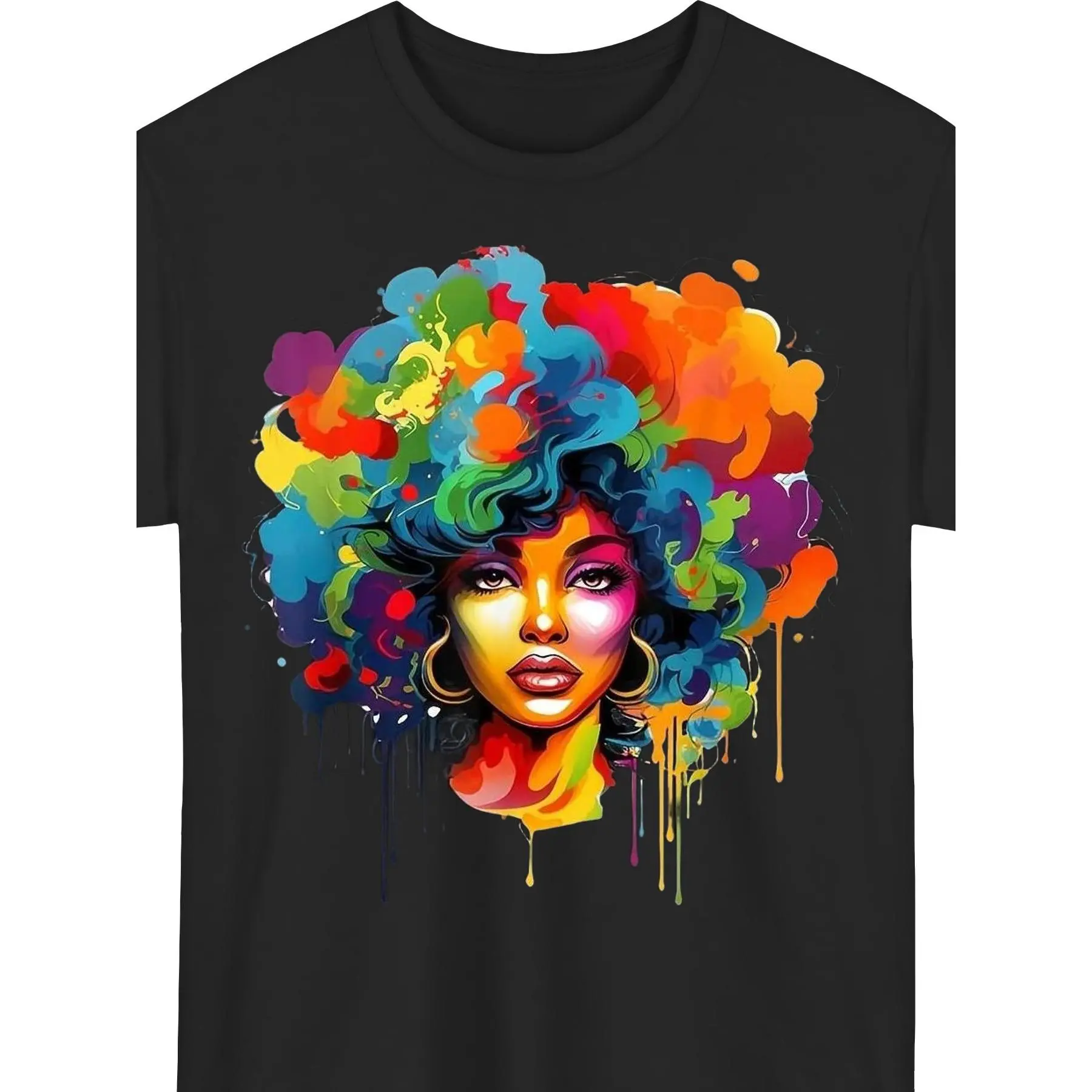 Women's Short-Sleeve Casual T-Shirt - Black Background With Colorful Afro, African American Melanin Pride BLM Apparel, Soft Round Neck Streetwear Top, Shortsleeve