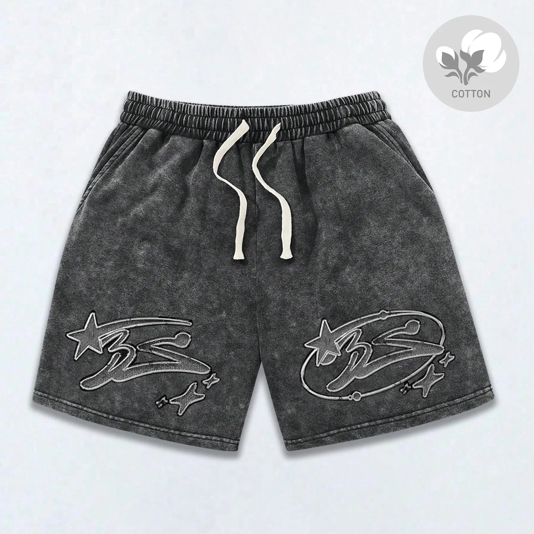 Men’s fashion cotton shorts—retro washed distressed look, trendy Y2K streetwear snowflake pattern, American-style unique print. Comfortable fabric that is breathable and lightweight; suitable for surfing and basketball; ideal for all seasons. A premium gi
