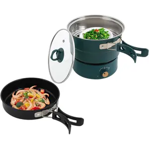 Electric Cooker,Portable Electric Hot Pot with Foldable Handles,Mini Hot Pot,Multifunctional Ramen Noodle Cooker w/Steamer,Non-stick Frying Pan for Pasta,Oatmeal,Soup,Steak Power Adjustment (Green) ceramic pot