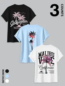 3 Pack, Menswear Men's California Palm Tree Print T Shirts, Malibu Beach Graphic Tees, Tropical Vibes Short Sleeve Tops, Casual Summer Vacation Outfit, Black White, For Beach, Daily Wear #springsaledeals2026 #summeroutfits #tiktokshopmademebuyit