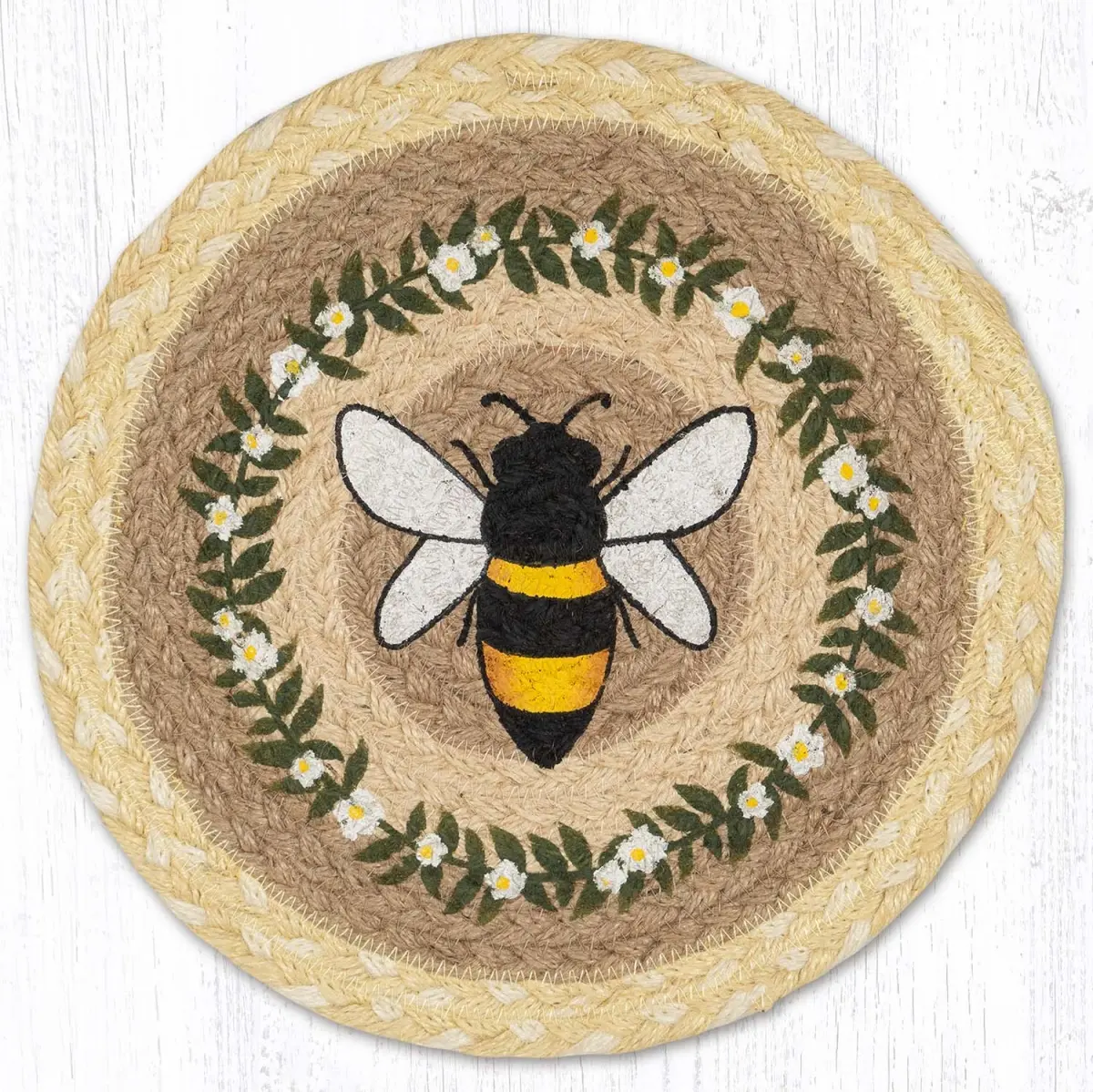 Printed Natural Jute Round Trivet - 10x10 in, Multicolor Stylish "Bee Happy" Design, Durable Easy-Clean Kitchenware for Home Decor