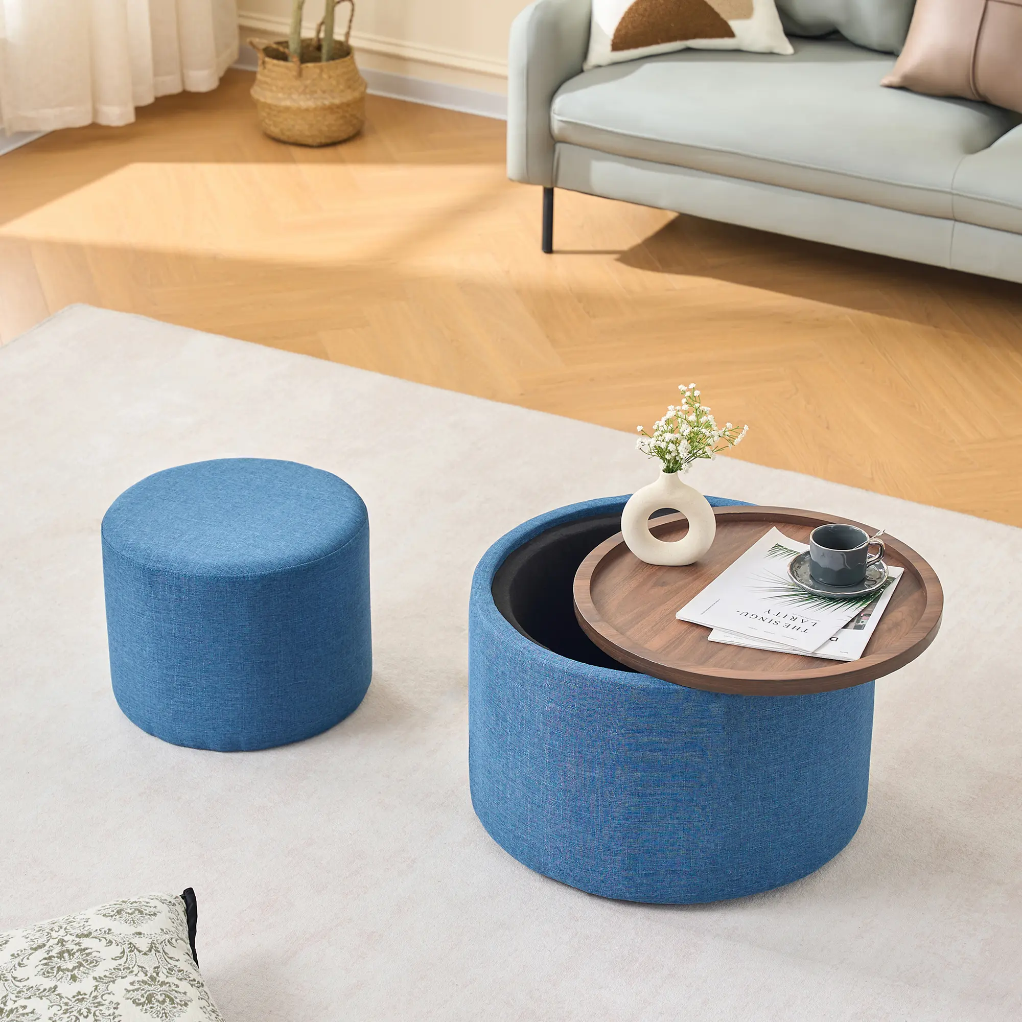 Round Linen Nesting Storage Ottomans with Wood Tray, 22.75" Footstool and Coffee Table, Hidden Compartment, Blue, Modern Style