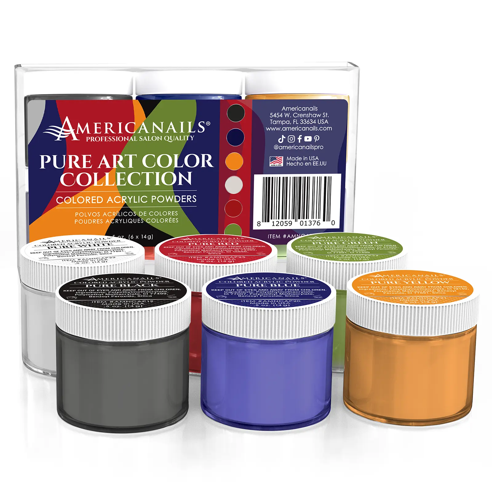 Americanails Colored Acrylic Powders - Pure Art Color Collection Kit, Salon Quality Acrylic for Nail Art Decoration
