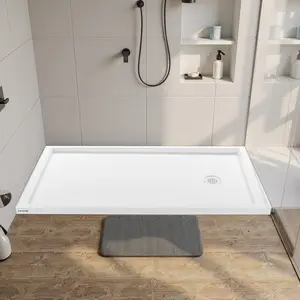 fathersdaygift VEVOR Shower Pan, 60 Lx 32 W Single Threshold Shower Base, Rectangle Acrylic PVC Showering Base in White, Slip-Resistant Showering Pan Bases with Drain Cover for Bathroom, Right Drain Location