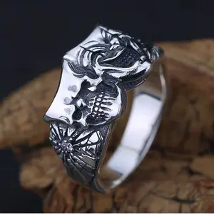 Double-Sided Clown Mask Ring for Men Gothic Style Index Finger Adjustable Electroplated Copper Ring Vintage Thai Silver Aesthetic Witchy Jewelry