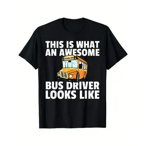Funny School Bus Driver Graphic T-Shirt for Men & Women - "This Is What an Awesome Bus Driver Looks Like" Slogan, Black Casual Short Sleeve Tee with Yellow Bus Design, Regular Fit, Machine Washable