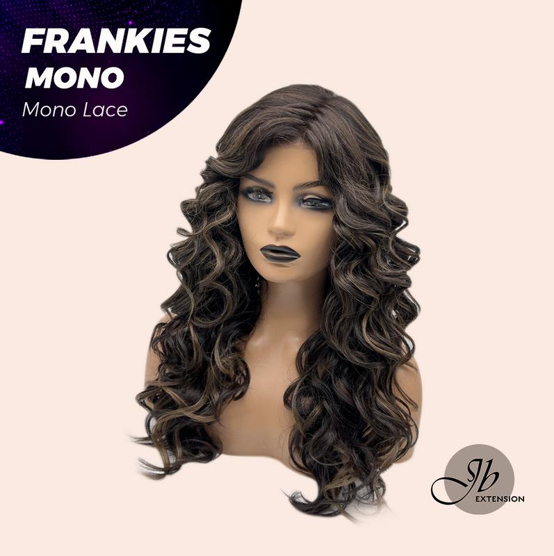 JBEXTENSION FRANKIES MONO Monofilament Handmade Wig 6X5 Full Monofilament Hand Tied Top Wig 19 Inches Dark Brown Highlight Curly Mono Lace Handmade Futura Fiber Glueless BS Wig FRANKIES MONO【BENDY EAR TABS】