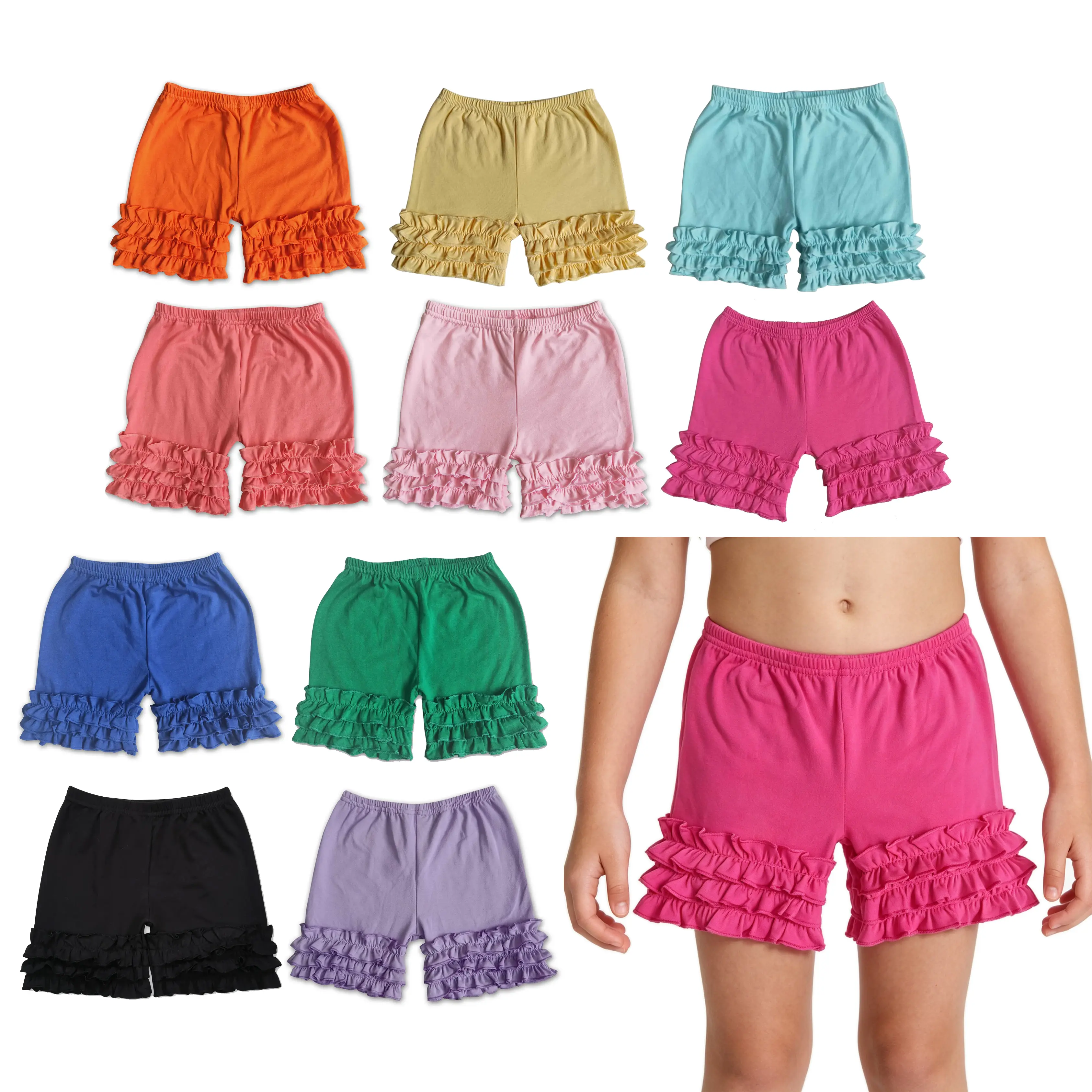 Girls' Cotton High-Waist Elastic Waistline Stretchy Waist Casual Shorts with Lace Trim, Ruffled Edge, Loose Fit, Lightweight Breathable Summer Wear for 3-10Y, Lightweight Breathable Shorts