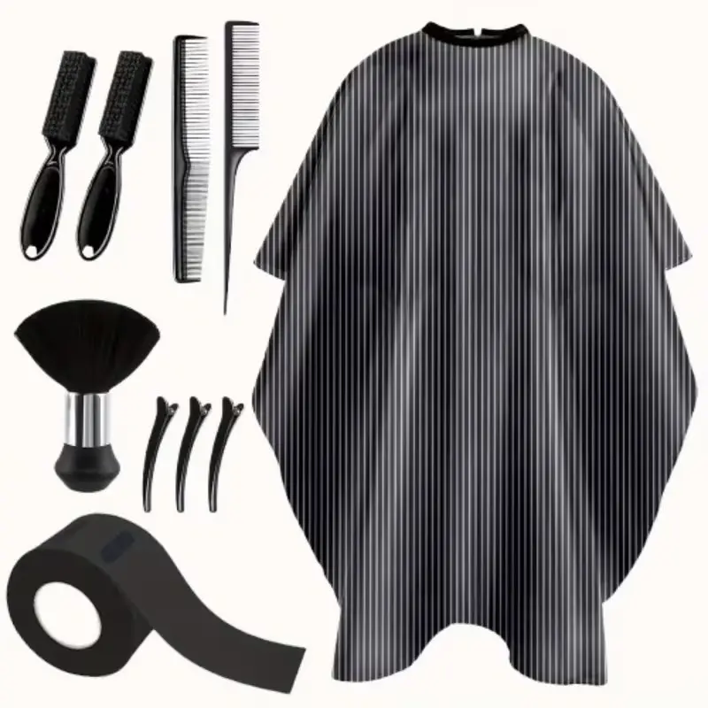 10pcs Hair Cutting Cape Stripe Design, Neck Duster Brush, Hair Combs/ Clips Barber Cleaning Supplies for Salon Styling