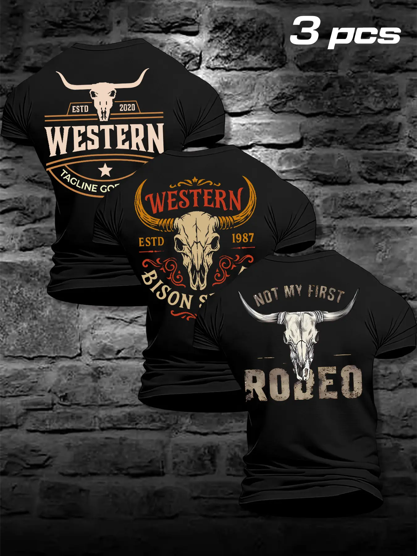 American Western Cowboy T-Shirt 3-Pack, Men's Vintage Bull Skull Print, Loose Fit Casual Short Sleeve Top, Sporty Style