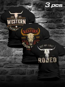 American Western Cowboy T-Shirt 3-Pack, Men's Vintage Bull Skull Print, Loose Fit Casual Short Sleeve Top, Sporty Style