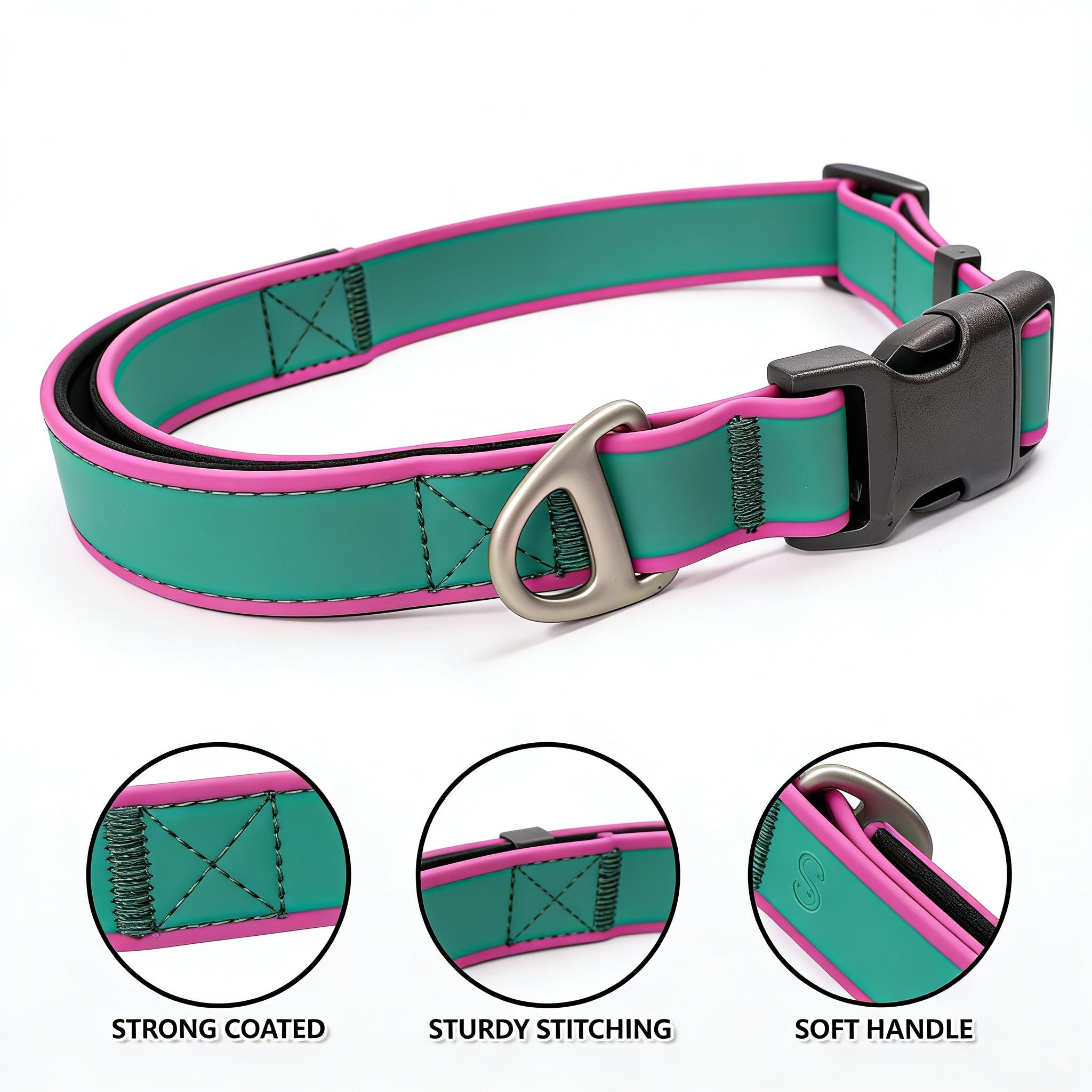 Stylish and Functional Green & Pink Color Block Dog Collar – Adjustable, Waterproof, and Traction-Friendly for Small & Medium Dogs poppy swivel leash freedom harness