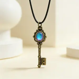 Key Shape Witch Necklace - Gothic Boho Aesthetic Alternative Style, Adjustable Length Colorful Solid Copper Antiqued Bronze Finish, Color-Shifting Fluorite Chakra Protection Amulet, Unisex Vintage Petite Pendant, Thoughtful Daily Wear Jewelry Gift, Gothic