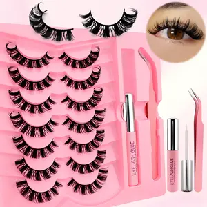 7 Pairs Plush Curled Cat Eye False Eyelashes, Curly Lashes, Wet Look Glue Set (glue + Tweezers), Fluffy D Curl, Versatile Gift Option