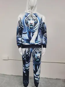 Animal Tiger Full Body Digital Printed Men's Set Hoodie Forest Tiger Printed Casual Long Sleeve Hoodie+Casual Waist Pants 2-piece Set for Male and Female Couple Hoodie Set