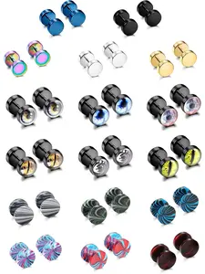 17 Pairs Men Earrings Fake Gauges Studs Stainless Steel Ear Piercing Tunnel Eyeball Black Earrings Faux Plug Gauge Earring Set for Men Women Statement Earrings Versatile Earrings Casual Trendy Jewelry