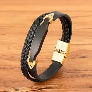 EJ Leather Bracelet Woven Style Stainless Steel