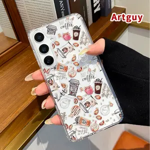 Magnetic Soft Case for  Samsung Galaxy S23 Ultra S24 Plus FE S25 S22+ Coffee Reverie Pattern Anti-Yellowing Shockproof ultra-thin Silicone Crystal Transparent Acrylic Large Hole Cover Supports Wireless Charging