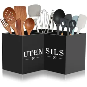 Large kitchen Utensil Holder, Wooden Utensil Organizer for Kitchen Countertop, Spatula and Spoon Cooking Holder with 3 Compartments, Black