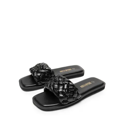 DREAM PAIRS Women's Flat Rubber Sandals - Black/Weave Open-Toe Platform Slides, 4mm Memory Foam Insole, Slip-Resistant TPR Outsole, Comfy Casual Holiday Footwear