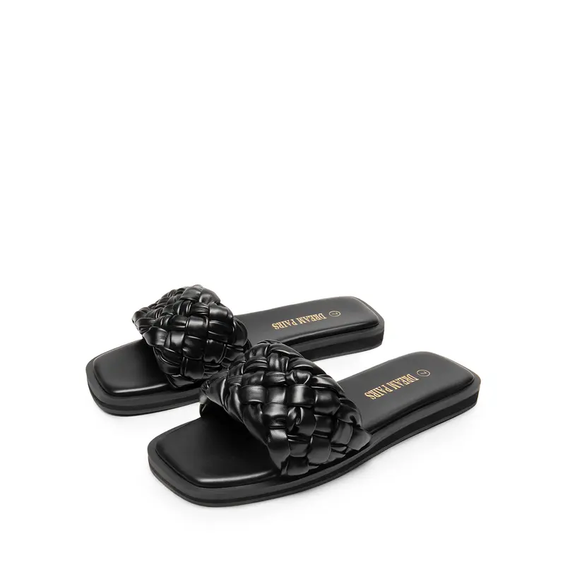 DREAM PAIRS Women's Flat Rubber Sandals - Black/Weave Open-Toe Platform Slides, 4mm Memory Foam Insole, Slip-Resistant TPR Outsole, Comfy Casual Holiday Footwear