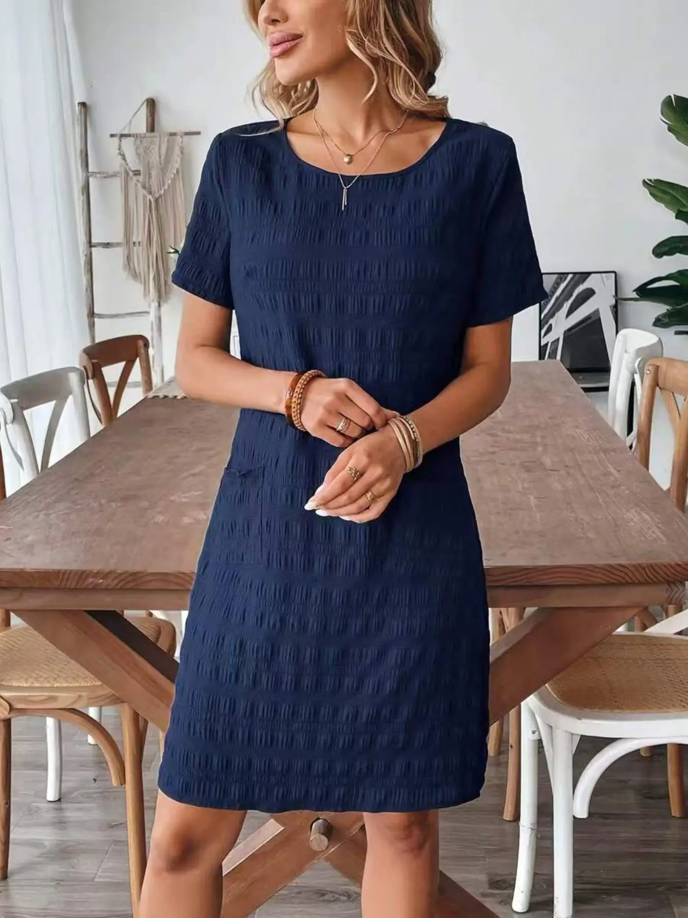 Elegant Fashion Lightweight Pocket Short Gingham Casual Dress, Stylish and Comfortable, Perfect for Daily Wear, Trendy, Chic and Boho Design, Ideal for All Seasons