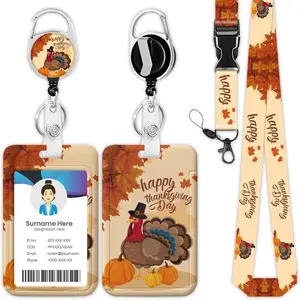 Thanksgiving Turkey Badge Holder Reel Lanyard, Fall Maple Leaf ID Card Badge Holder Retractable Name Tag Clips for  Nurse Teacher Office Student
