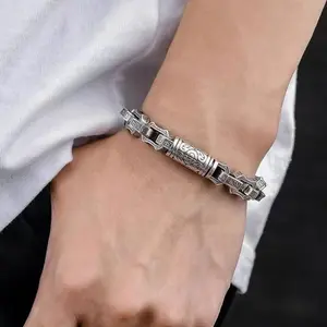 S925 925 Silver vintage Men's thick paragraph domineering simple Europe and the United States hip-hop hand water ripple irregular sterling 925 Silver bracelet Christmas, banquets, New Year's men