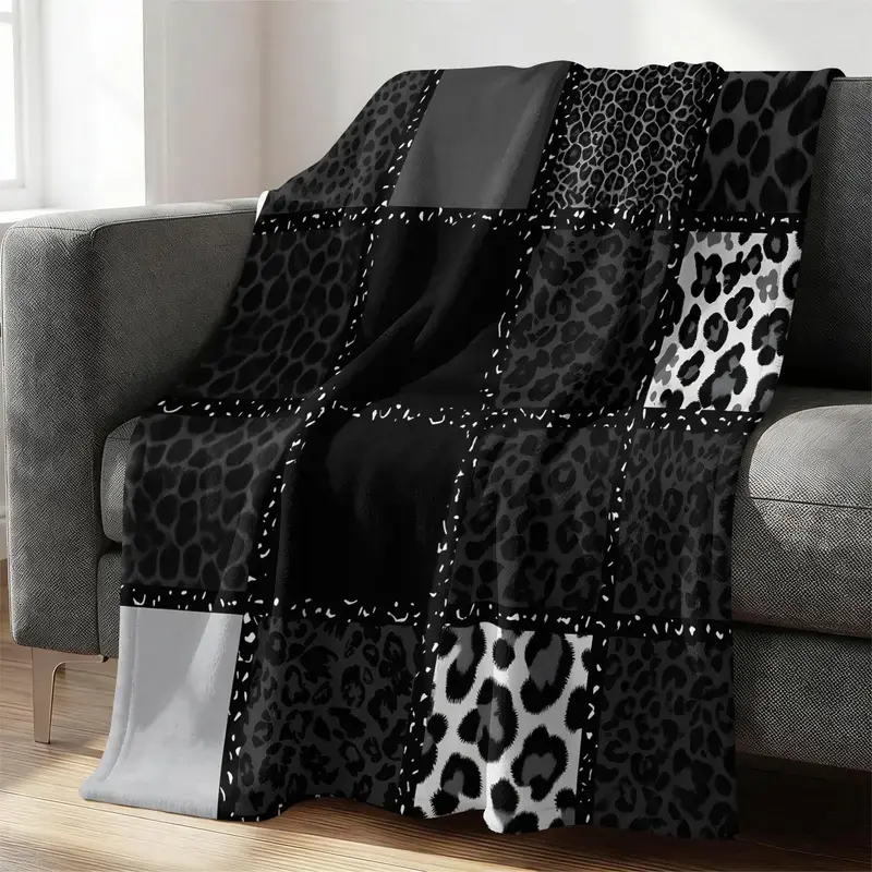 Multiple Size Black White Patchwork Leopard Flannel Throw Blanket, Ultra Soft Plush Anti-Pilling, Cozy Warm No Shedding, All Season Use, Bed Sofa Camping Travel Decor, Perfect Gift Choice, Decorative Sofa Blanket, Cozy Blankets And Throws