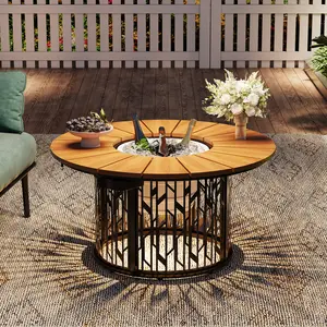 ONBRILL Outdoor Solar-Light Coffee Table with 3.3 Gallon Ice Bucket, 31.5 Inch Patio Cooler CoffeeTable with Led Light, HDPS Round Side Table with Metal Base for Outside, Porch, Backyard