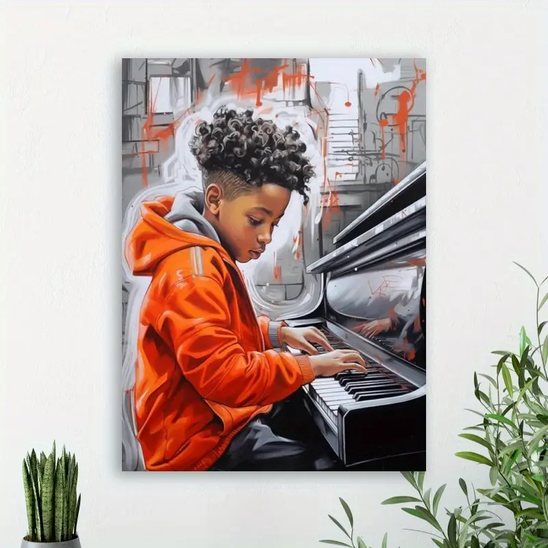 Wood-Framed Oil Painting Print - Artistic Piano Boy Creative Design Print, 1 Fashion Theme Graphic/Picture Image Wall Art, Wrapped Posters for Home Living Room/Bedroom Decoration Items