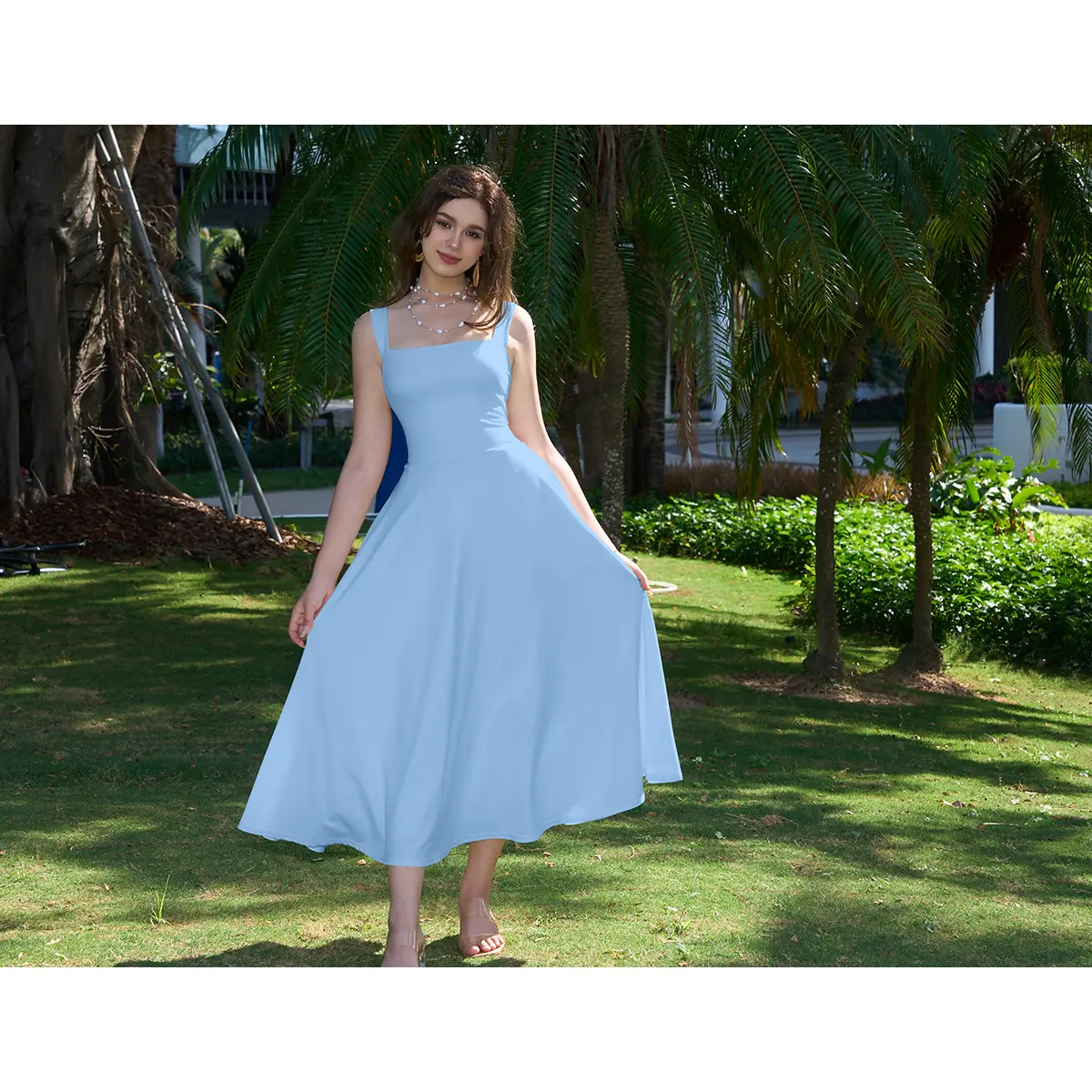 OYS Women's Casual Sleeveless Square Neck A-Line Solid Slim Flowy Long Dress  with Pockets & Back Tie Detail Design - TikTok Shop