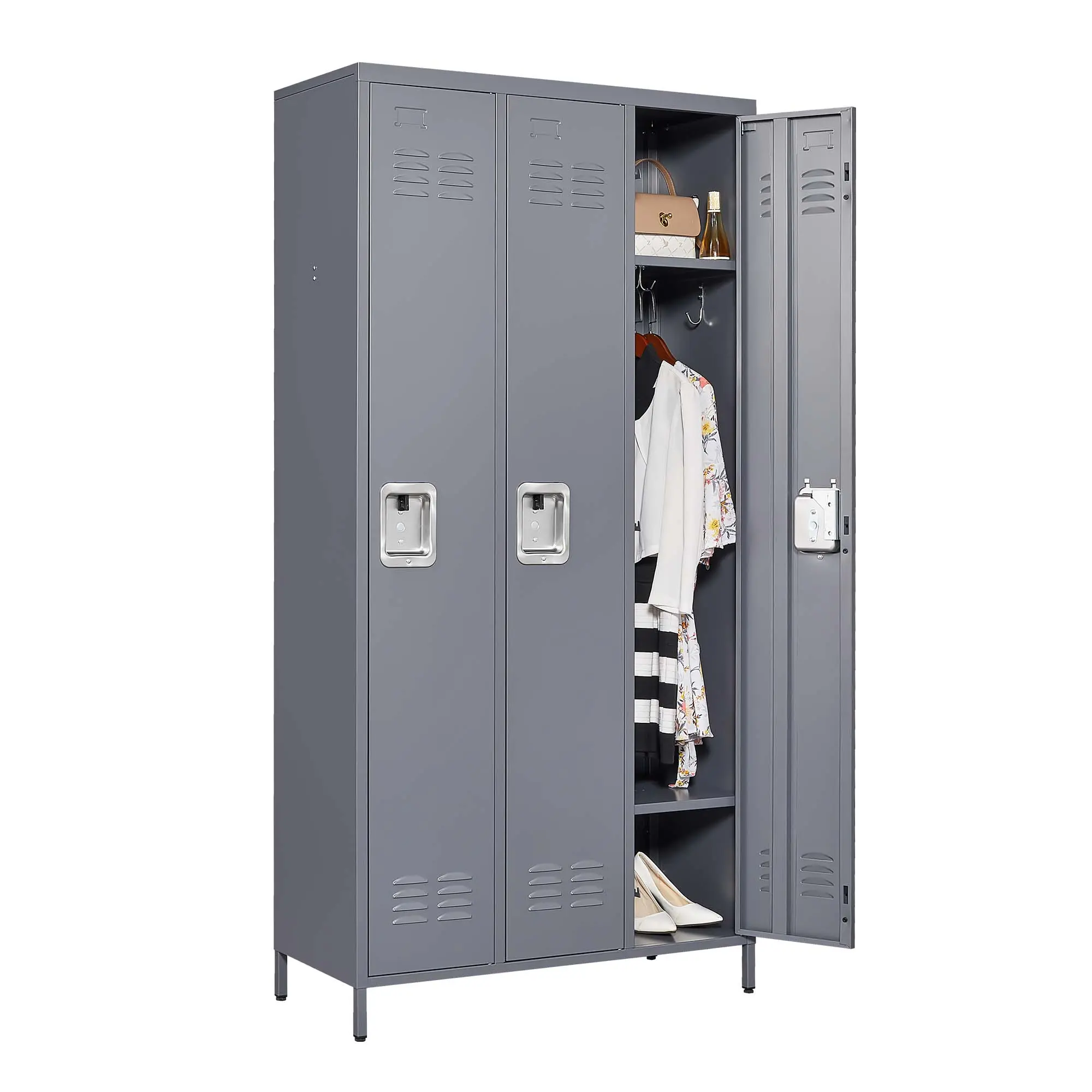 Dreamzon Furniture 3-Door 72"H Sturdy Metal Lockers with Lock, Minimalist Clothing Storage Cabinet for Adults, Classrooms & Gym Use, Gray, Assembly Required, Organization