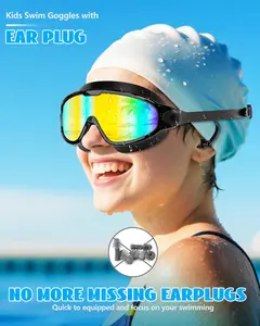 Aegend New Kids 2 Pack Wide View Swim Goggles Anti-Fog UV No Leak with Ear Plugs for Ages 3-14 Panoramic HD Vision Comfortable Soft Silicone Cushion, Uv Swimming Goggles